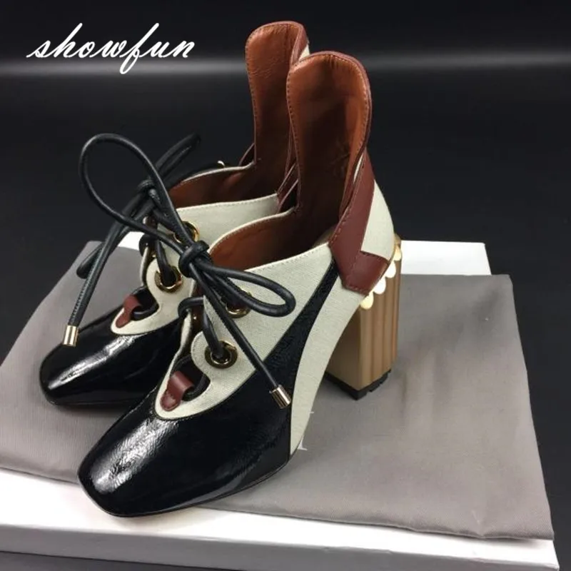 black 7cm heel Женские Лоскутные туфли-лодочки из натуральной кожи на шнуровке; фирменный дизайн; обувь на толстом высоком каблуке; сезон весна-осень; Высококачественная Женская обувь в стиле панк - Цвет: black 7cm heel