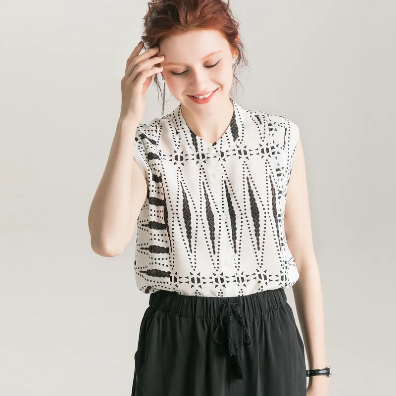 Women Blouse 100% REAL SILK Crepe Print White Shirt Stand Collar Sleeveless Blouses 2019 Summer Office Lady Tank |