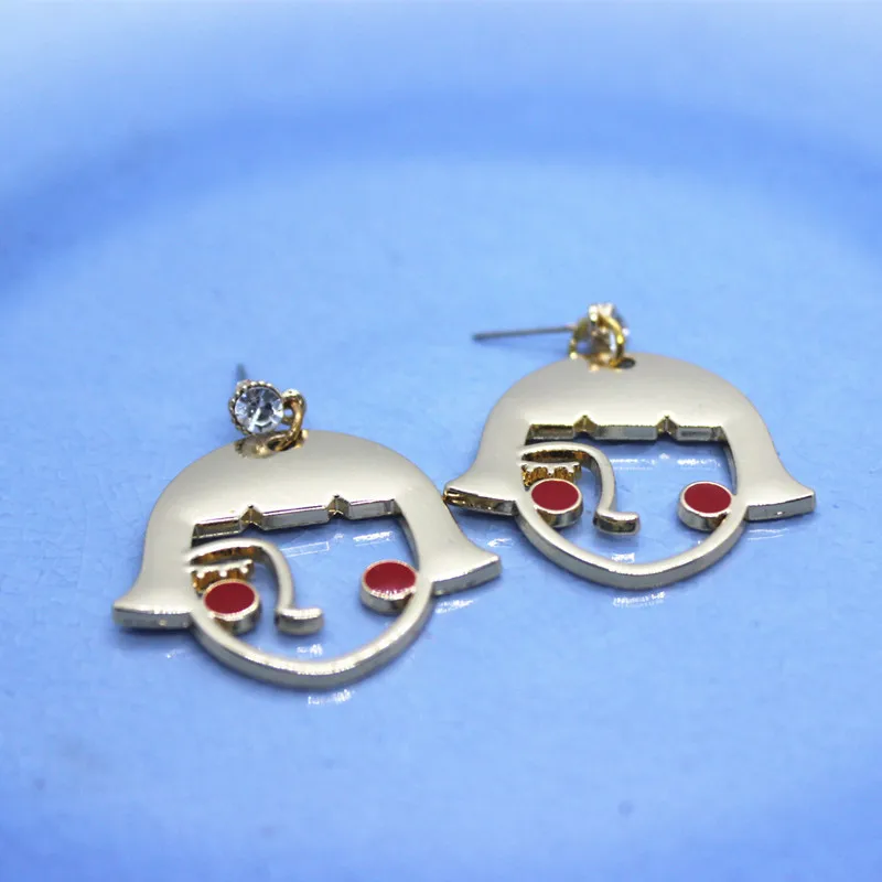 2018 New Unique Design Creative Cute Sweet Enamel Girls Face Stud Earrings Gold Color Fashion Jewelry 3.9*3.1cm | Украшения и