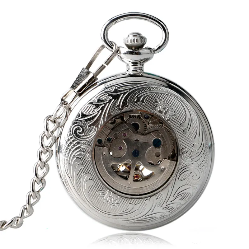 

Silver SUN Carving Gear Wheel Mechanical Self Wind Pocket Watch Blue Roman Numbers Skeleton Dial Fob Time Unisex