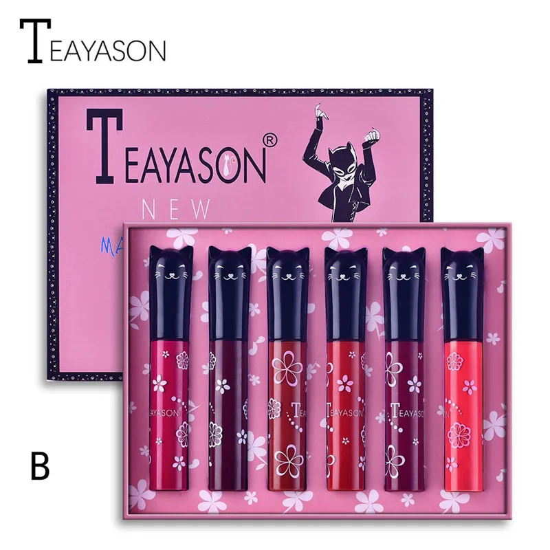 6pcs/set Matte Lip Gloss Cute Cat Shaped Lipstick Set Not Fade Waterproof Lip Gloss Nude Velvet Lips Sexy Lip Glaze Cosmetic