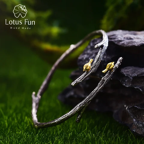 Lotus Fun реальные 925 Серебро Природный оригинальный ручной Fine Jewelry Птица на ветке регулируемый браслет для женщин Bijoux