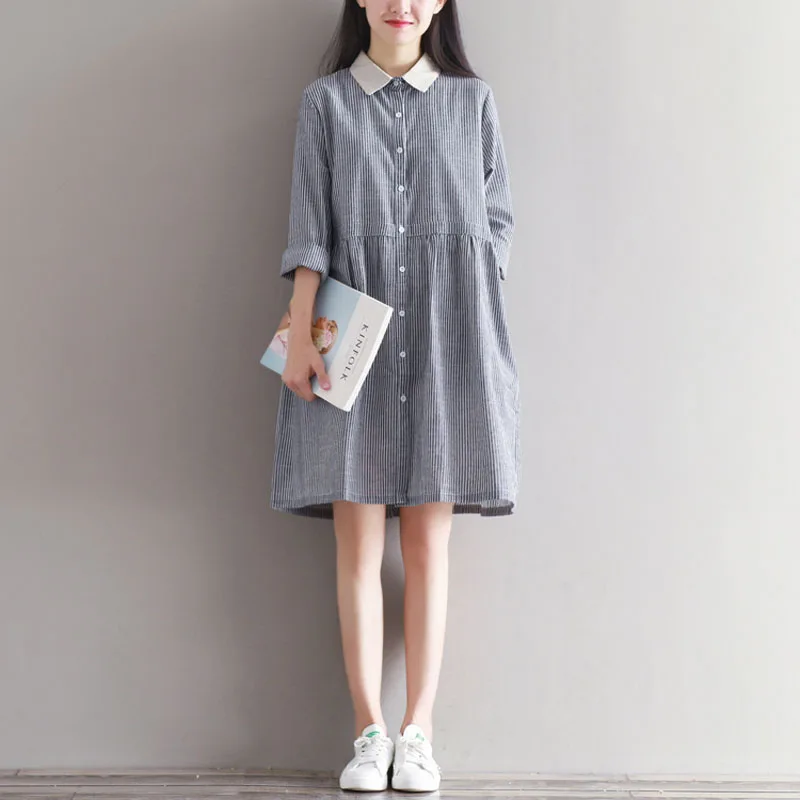 Mori Girl Spring Autumn Striped Dress Pannelled Turn Down Collar Single Breasted Long Sleeve High Waist Pleated Shirt | Женская одежда