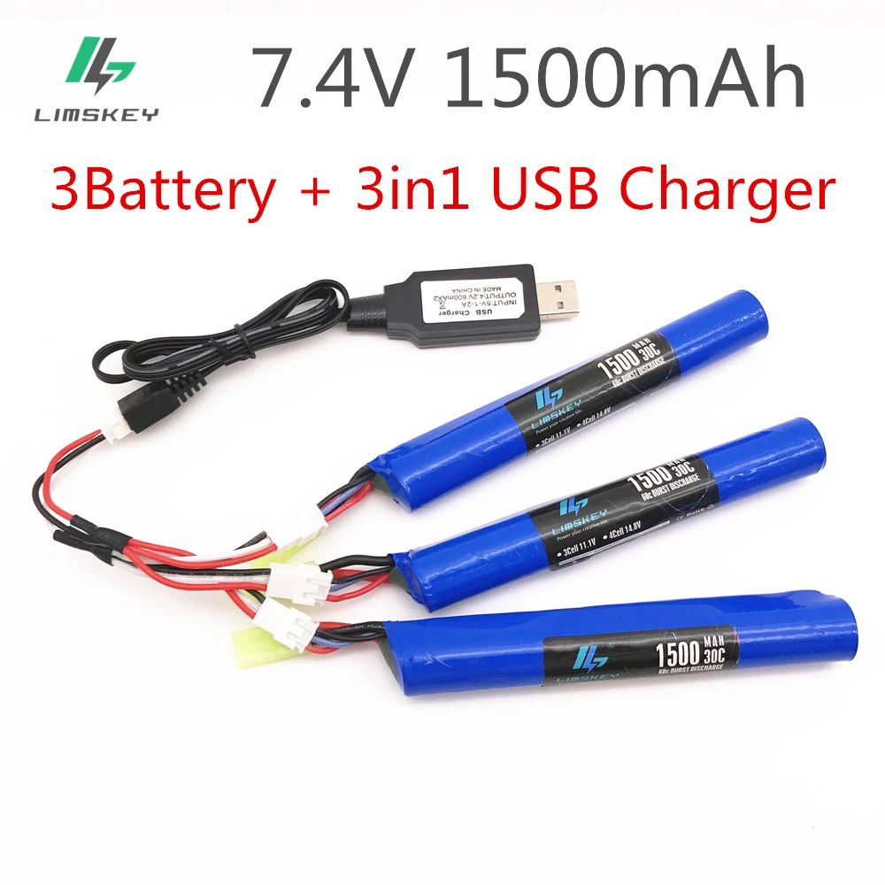 Аккумулятор Power gun 3 шт. и балансирующее зарядное устройство 7,4 В 1500 мАч 30C AKKU Mini airsoft pistola металлическая игрушечная пушка аккумулятор Tamiya детали 18650