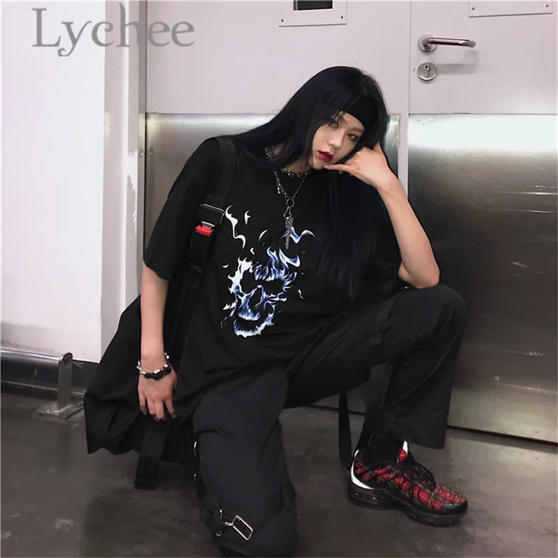 Lychee Harajuku Ghost Flame Print Lady Футболка Топ тройники круглый вырез свободный короткий рукав весна лето женские футболки Топ тройники