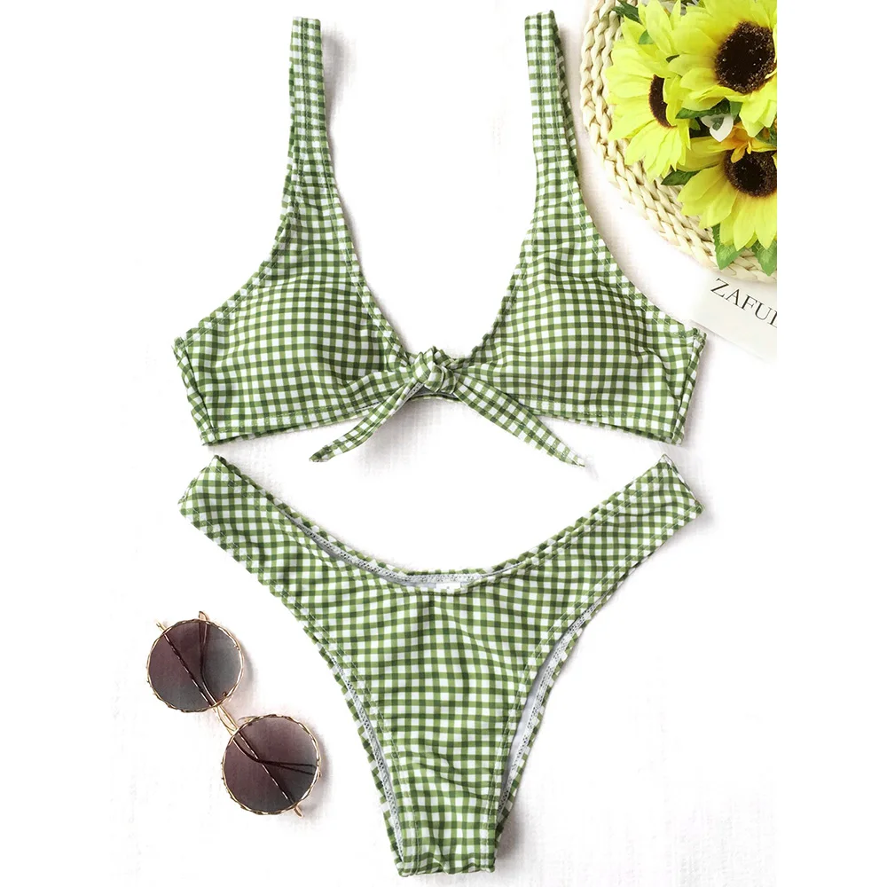 Женское клетчатое бикини со средней талией и глубоким вырезом|swimwear sexy|swimwear women
