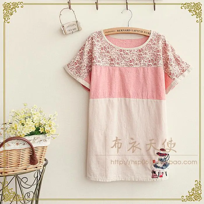 2014 the new women's cotton and linen floral stitching embroidery loose short sleeve T-shirt free shipping D064 | Женская одежда