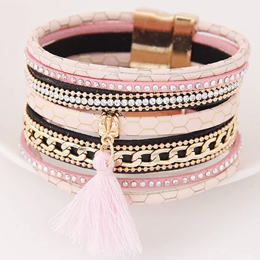 

JUJIE Tassl Leather Bracelets 2016 Charm Magnet Buckle Claps Metal Cuff Bangles For Women Boho Multilayer Bracelets Bangles