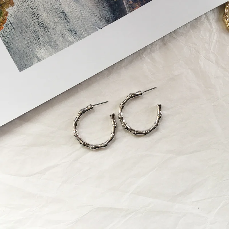 03-9 silver M RE модные серьги из сплава серебра и золота с бамбуком для женщин и мужчин, открытые панковские круглые серьги-гвоздики, Винтажные Ювелирные изделия B34 - Окраска металла: 03-9 silver M