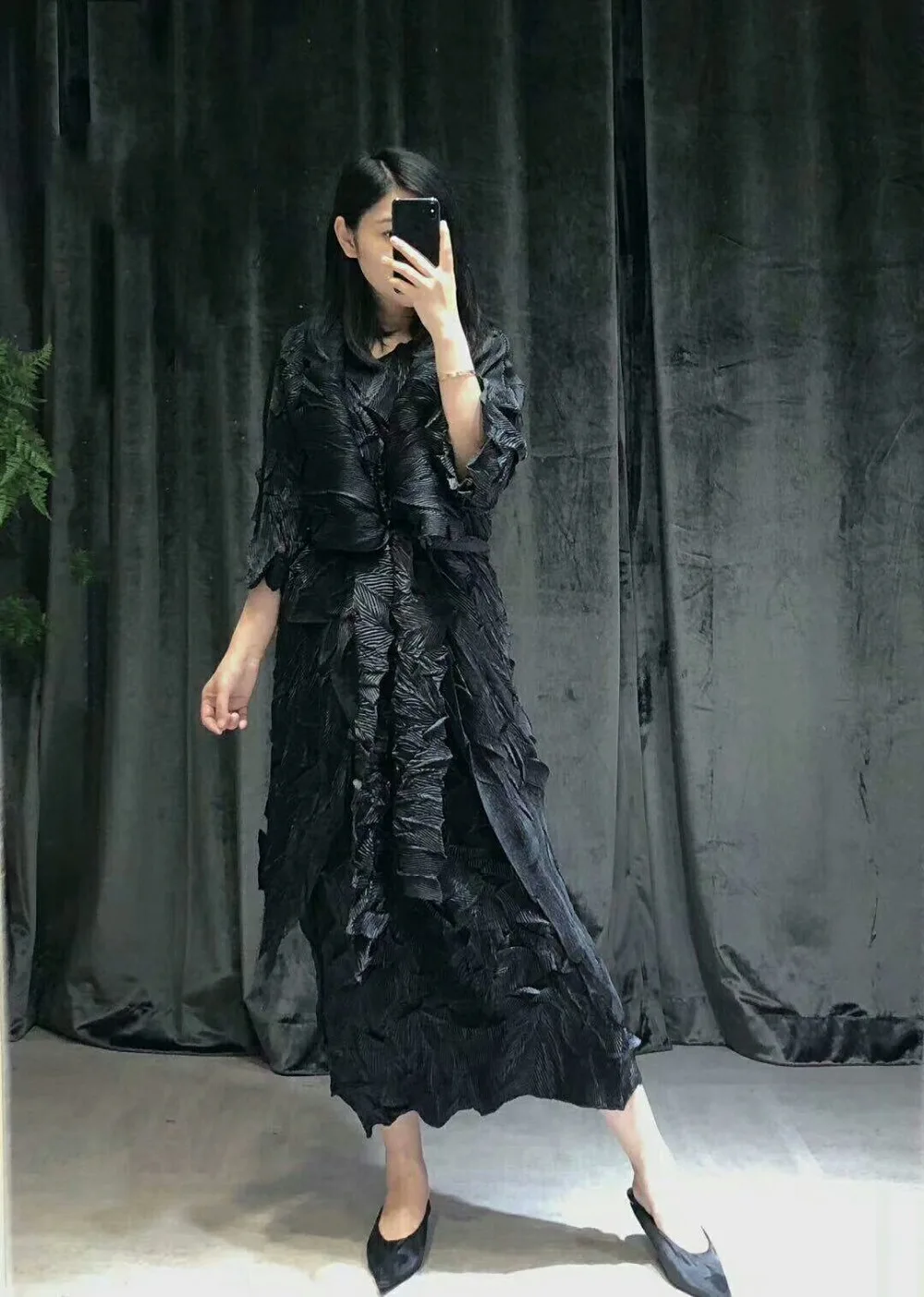 Miyake fold осенний комплект из двух предметов, плиссированная ветровка с длинными рукавами+ большое свободное платье с короткими рукавами