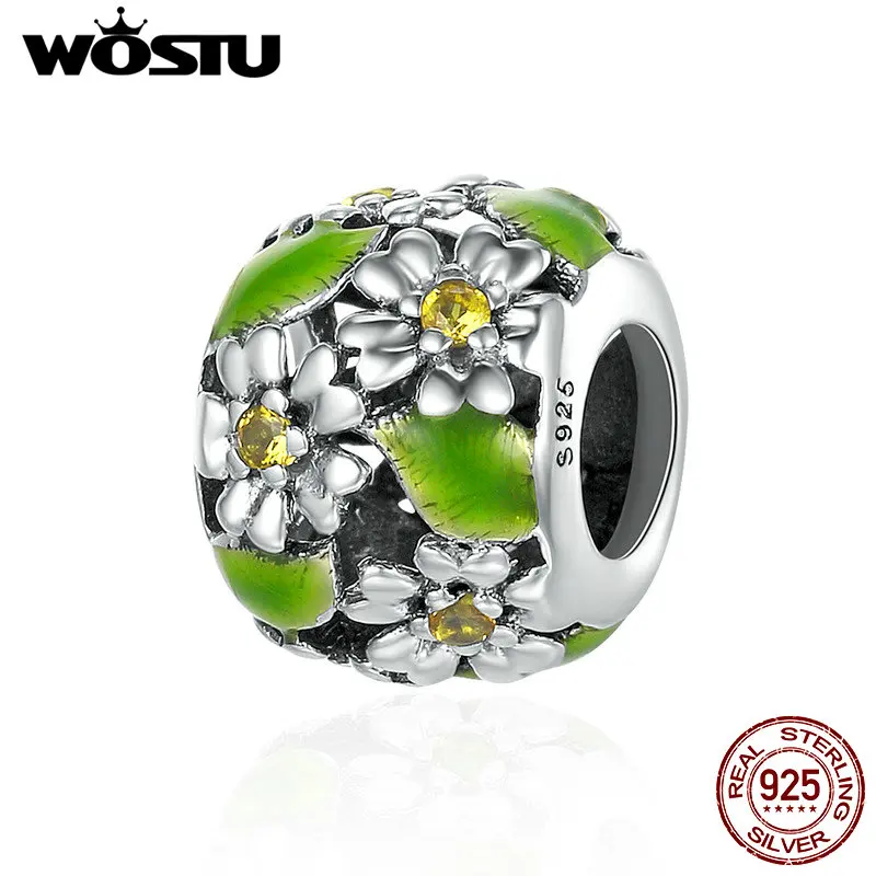 WOSTU, Новое поступление, 925 пробы, Серебряный цветок маргаритки, листья, шарм, бусины, подходит для браслета, сделай сам, изготовление ювелирных изделий CQC490