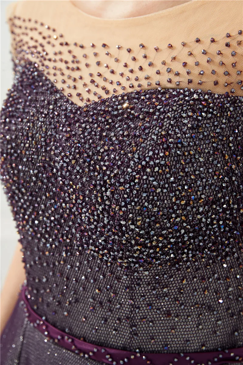 

Women Elegant Scoop Neck short sleeves A line prom dresses sash crystals Dark grey Formal evening party dress robe de soiree