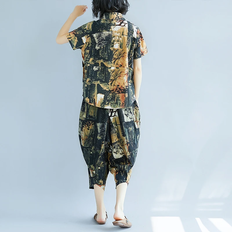 2019 Summer New Two-Piece Sets Vintage Printed Cotton and Linen Suit Loose Short Sleeve Top Pants Fashion Plus size Female |
