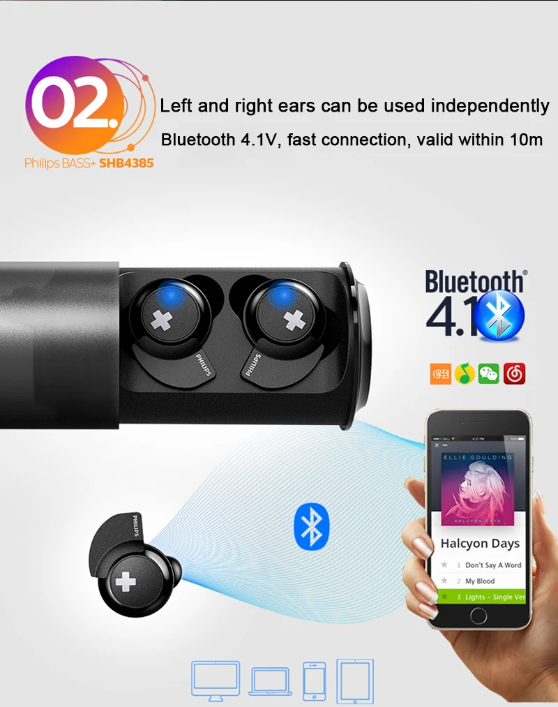 Беспроводная гарнитура Philips SHB4385 с Bluetooth 4,1 литий-полимерный регулятор громкости для Iphone X Galaxy Note 8 официальный тест