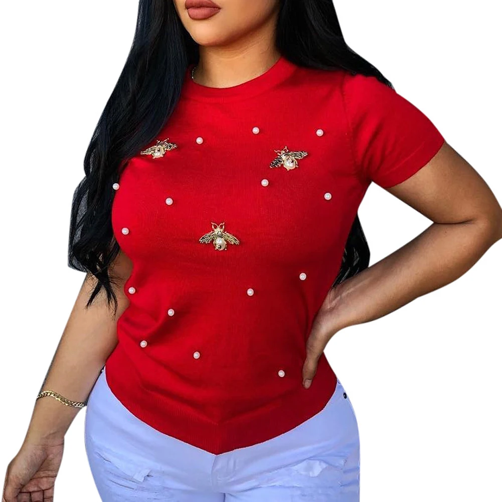 Женская футболка с коротким рукавом жемчугом и бусинами большие размеры женская