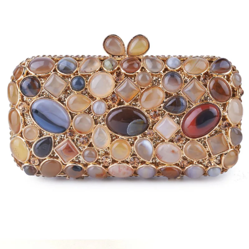 

gold/blue Crystal & Opal Stone Women Evening day Clutches night Purse Hard Case Minaudiere Bag Metal Chain Shoulder Handbag