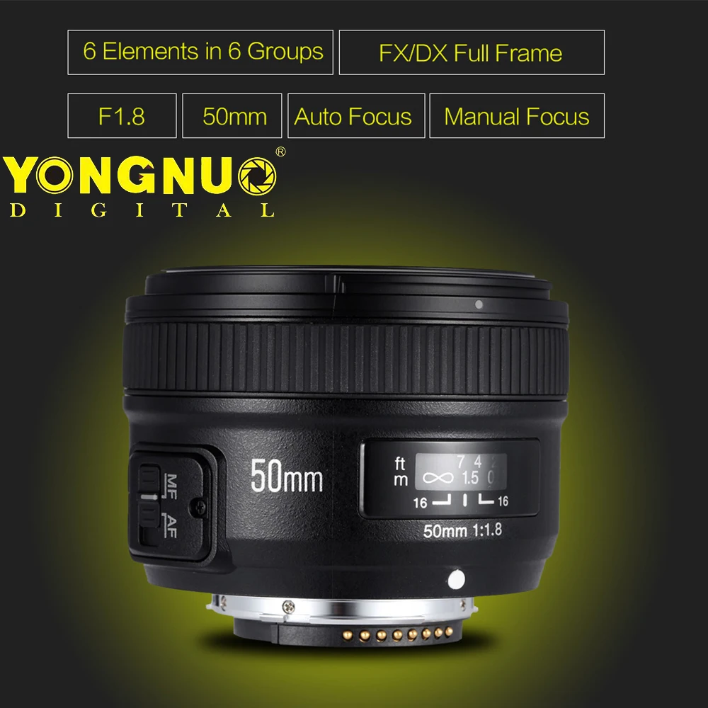 Объектив YONGNUO YN50mm F1.8 с автофокусом и большой диафрагмой для Nikon D800 D5 D4 D700 D7500 D3500 D500
