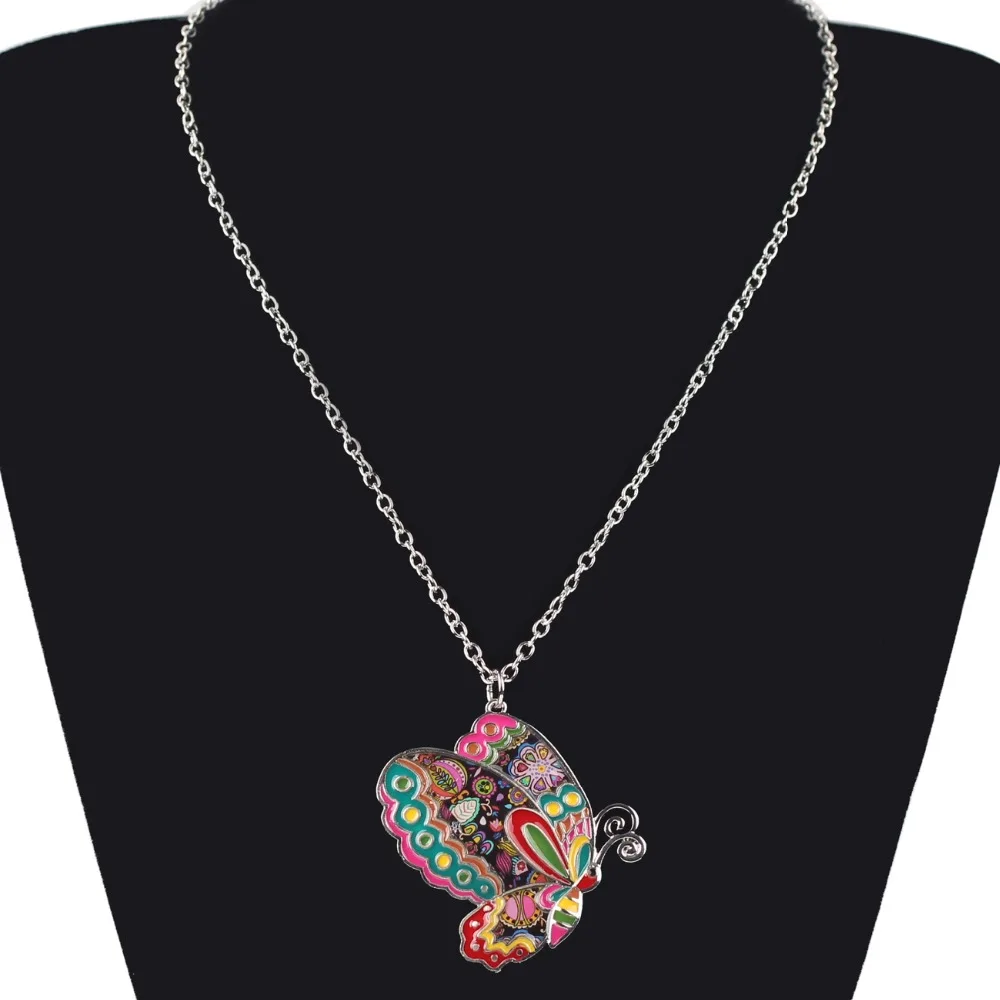 Bonsny Enamel Alloy Floral Butterfly Necklace Pendant Chain Collar Novelty Insect Jewelry For Women Girls Gift Party Accessories | Украшения