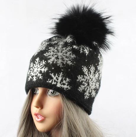 black cap black pom Новые зимние шапки для женщин, вязаная шапка из кроличьего меха со снежинками, жаккардовый головной убор, шапка с натуральным мехом и помпоном - Цвет: black cap black pom