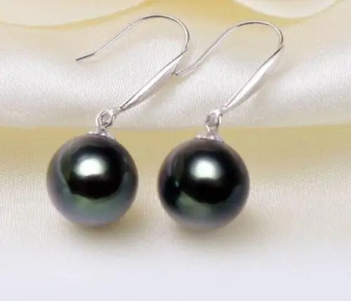 14K/20 White Gold a pair of natural 11-12mm tahitian black green pearl earrings | Украшения и аксессуары