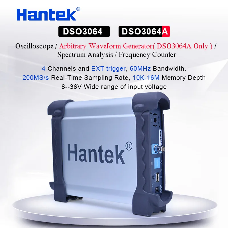 

Hantek 4CH USB Oscilloscopes/Arbitrary Waveform Generator/ Spectrum Analysis/Frequency Counter 60MHz bandwidth DSO3064A/DSO3064