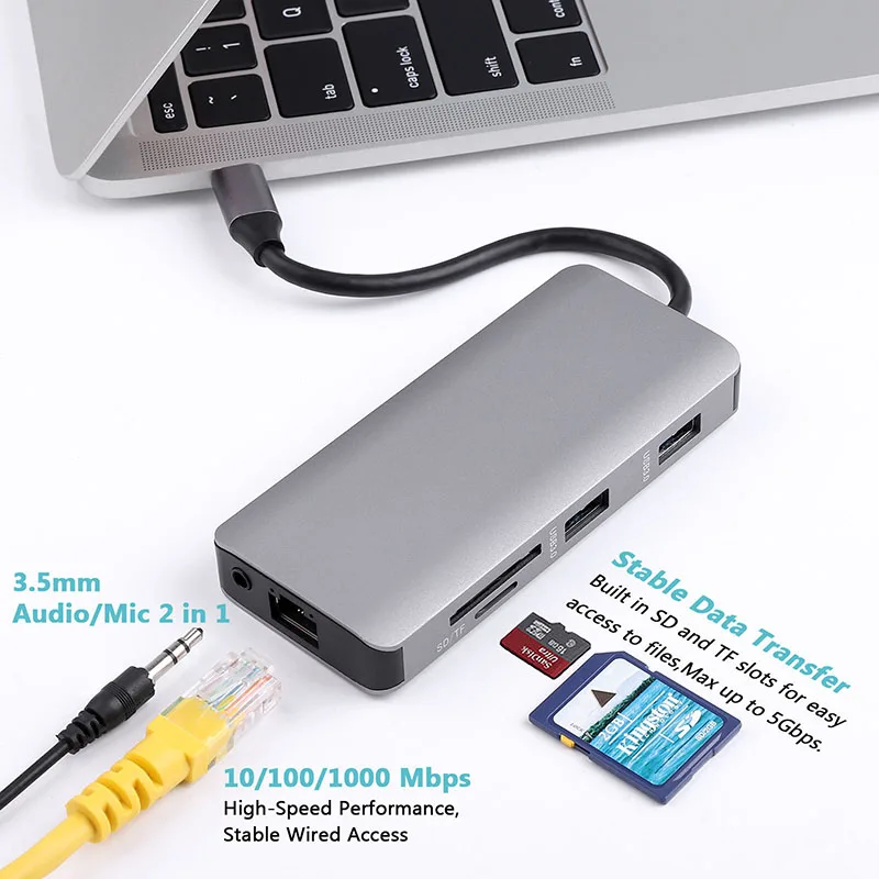 Baolyda USB 3 1 Type C концентратор 9-в-1 к HDMI адаптер Thunderbolt 4K VAG Gigabit LAN док-станция для Macbook Pro