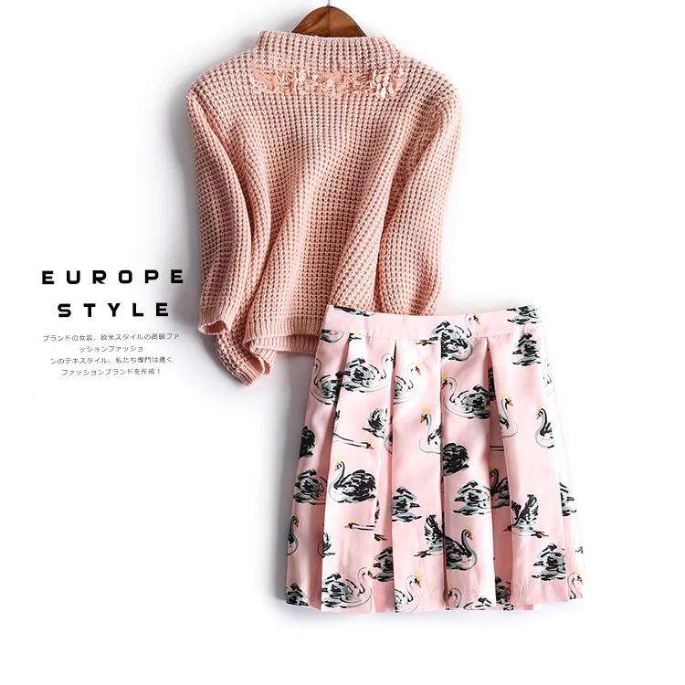 

High Quality Autumn Clothing Set Womens Pink Stand Neck Sequins Short Sweaters And Floral Vintage Print Pleated SKirt Suit NS606