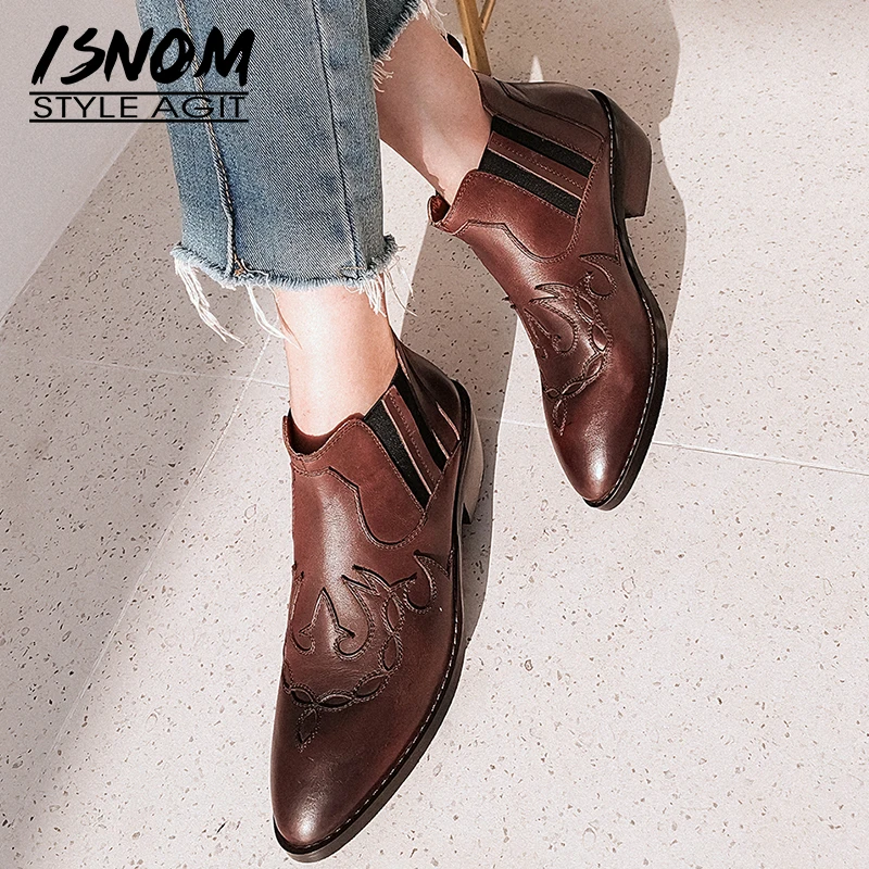ISNOM Western Ankle Boots Women Genuine Leather Cowboy Booties Fashion Elastic Shoes Female Square Toe Ladies Autumn 2019 | Обувь