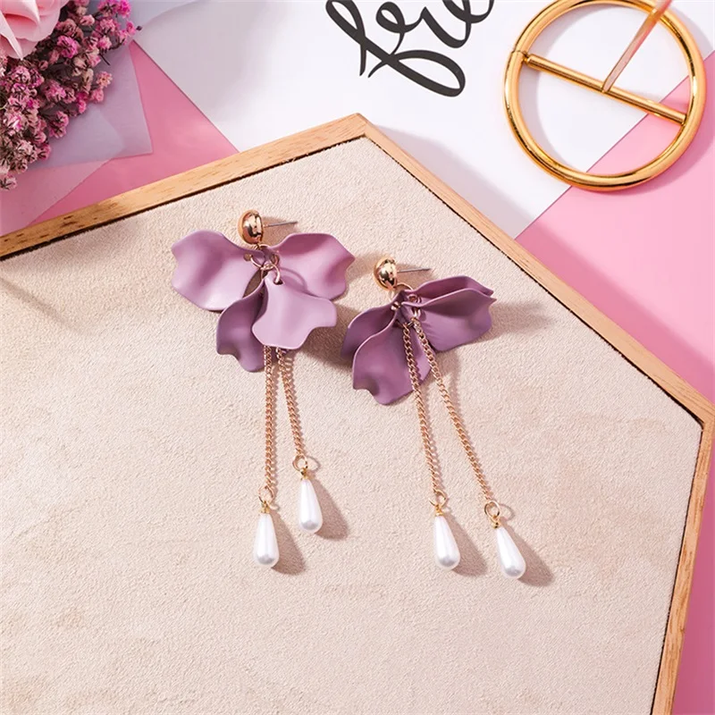 3*Korean Version of the Popular Fashion Purple Petal flower long Earrings Jewelry Girl Simulation Pearl Crystal | Украшения и