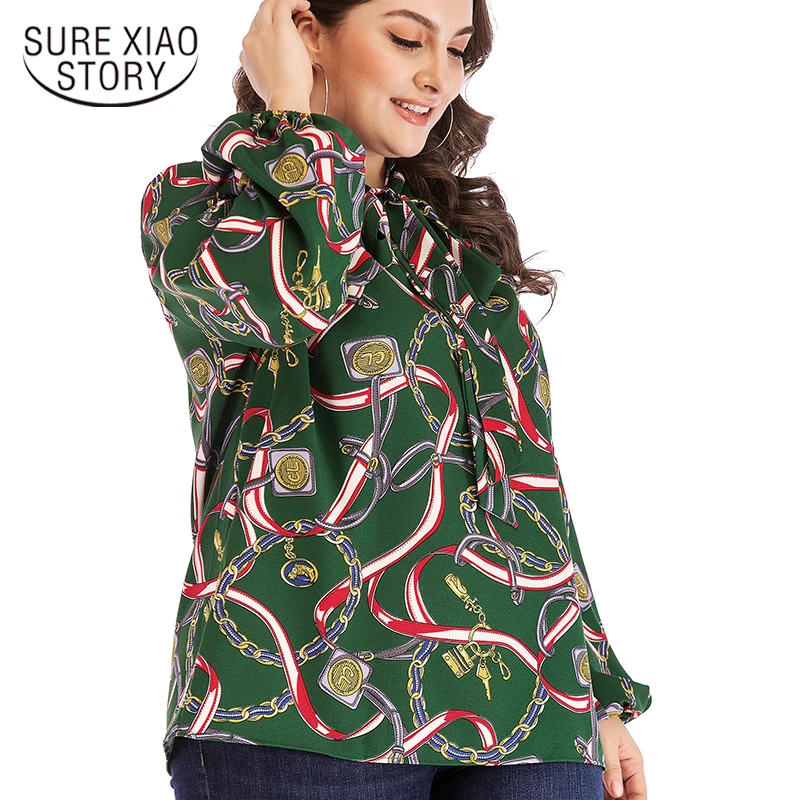 

Women Bow Collar Long Sleeve Printed Lantern Sleeve Long Sleeve 2021 Spring fashion green Lady clothing Large size Tops 2270 50