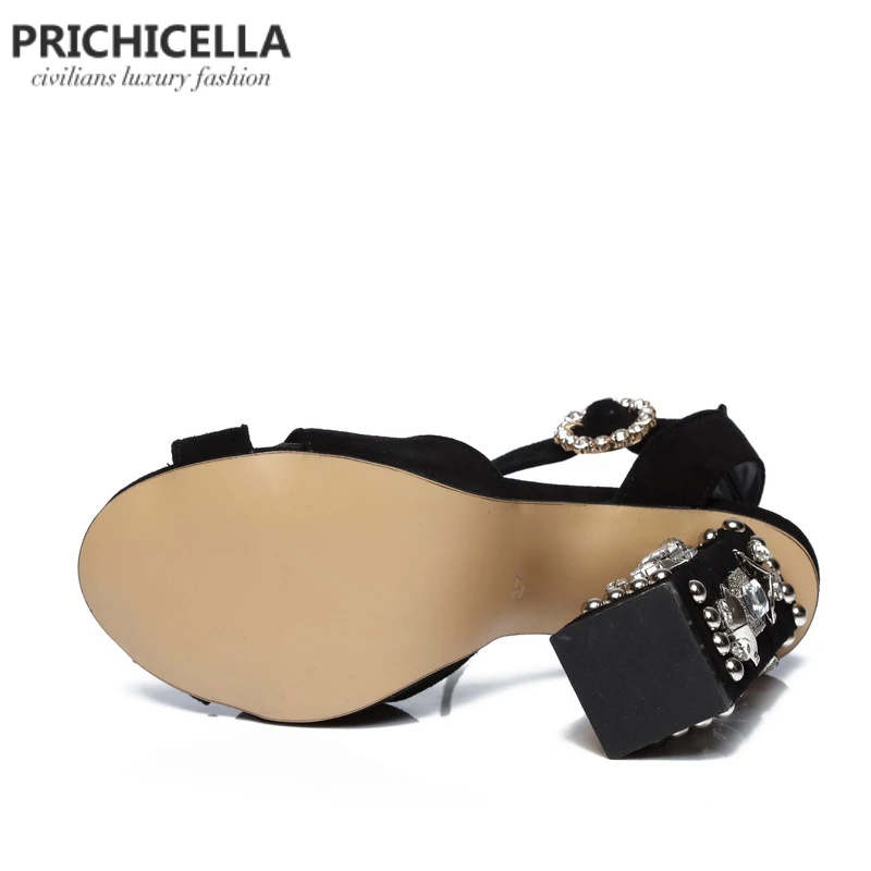 PRICHICELLA/Стильные черные замшевые босоножки из натуральной кожи на высоком каблуке