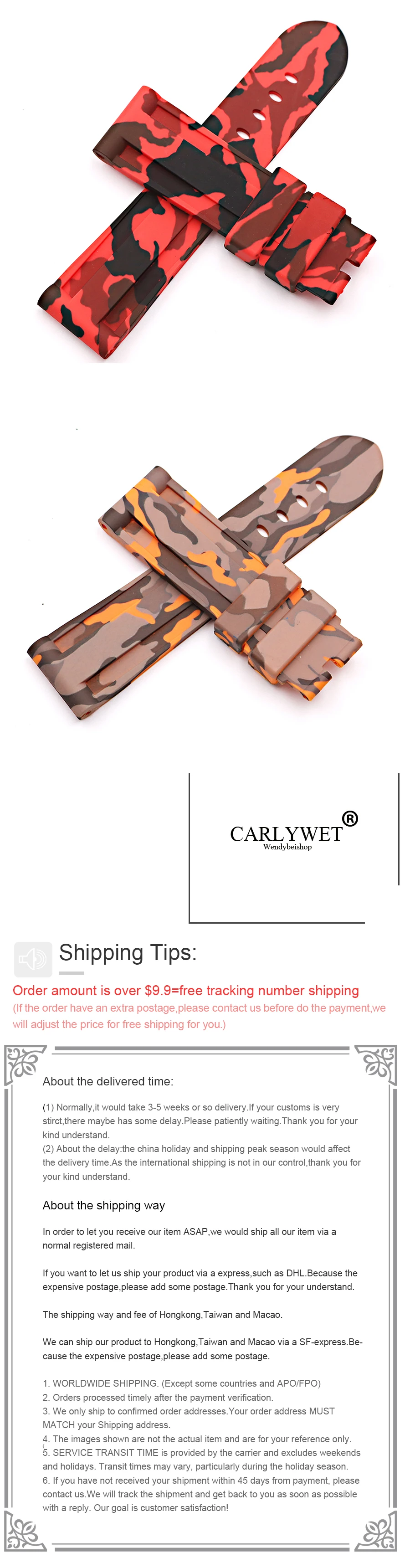 CARLYWET 22 24 мм камуфляж оранжевый серый водонепроницаемый силиконовой резины замена наручные часы Группа петли ремешок для Panerai Luminor