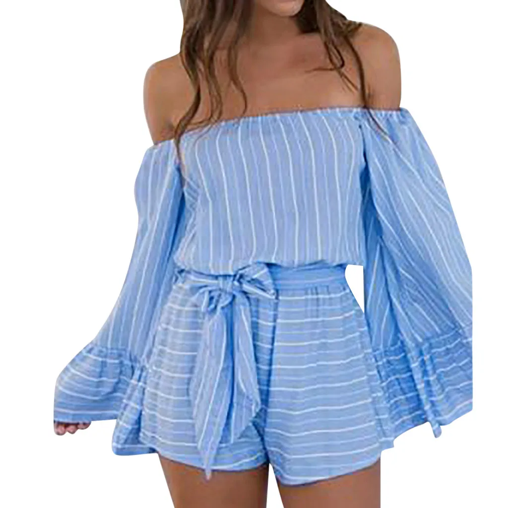 Fashion rompers womens jumpsuit Summer Sexy Stripe Print Casual Long Sleeve Strapless Jumpsuits body mujer salopette femme#XB40 | Женская