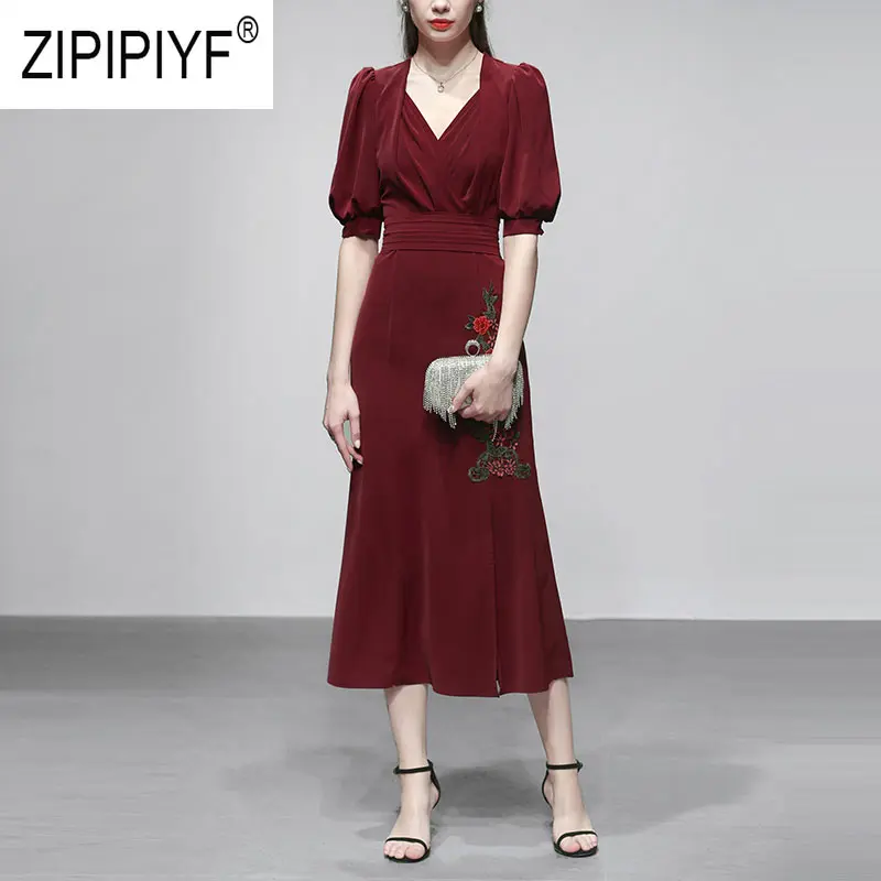Wine Red Элегантные модные женские винтажные платья с v-образным вырезом, коротким рукавом, вышивкой, Длинные вечерние сексуальные платья, повседневные платья с рыбьим хвостом Z1123 - Цвет: Wine Red