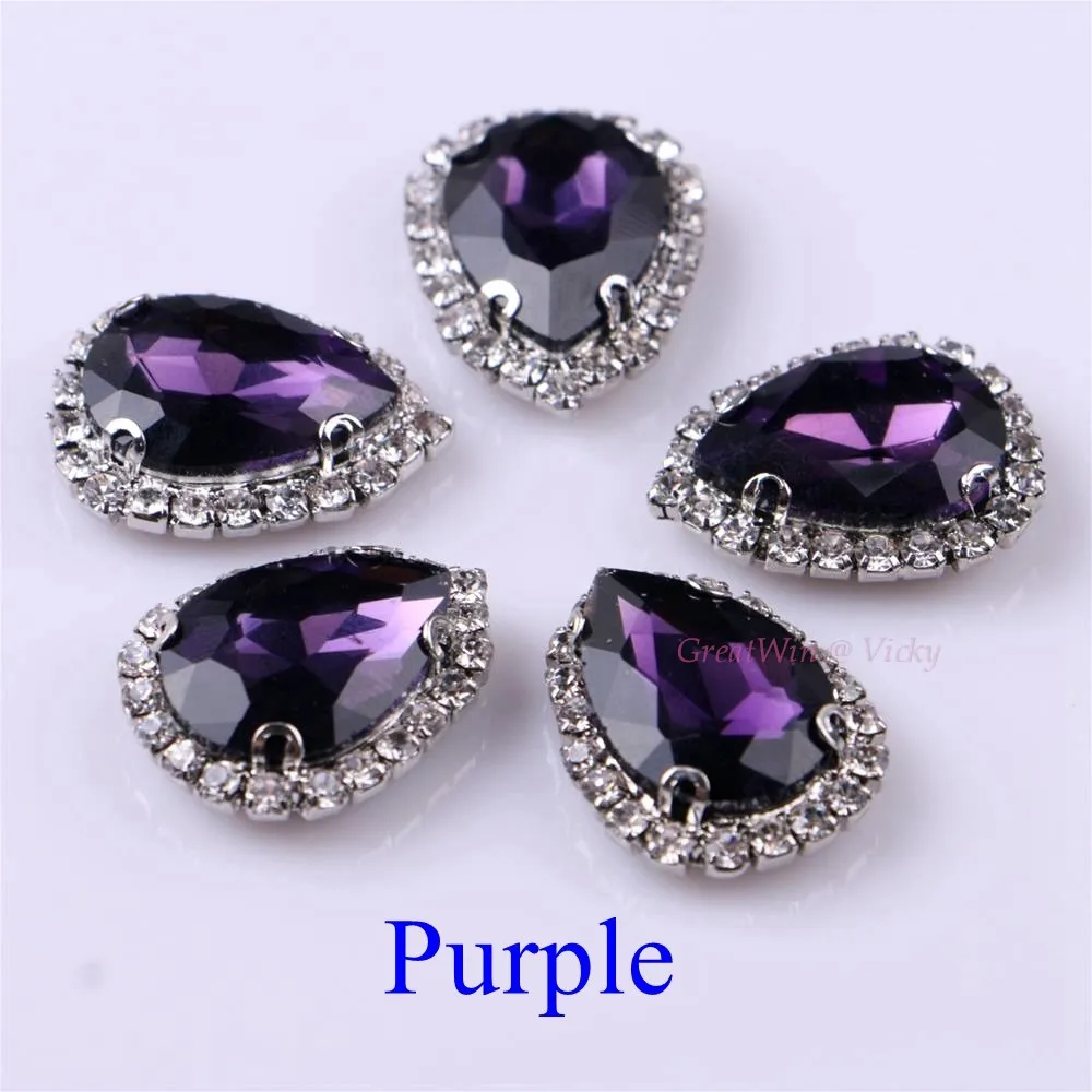 Purple Обведено Стразы! Слеза Форма Стекло Стразы со стразами с когтями пришить Strass металлическое основание, с пряжкой, с украшением в виде кристаллов камень 10 шт./упак - Цвет: Purple