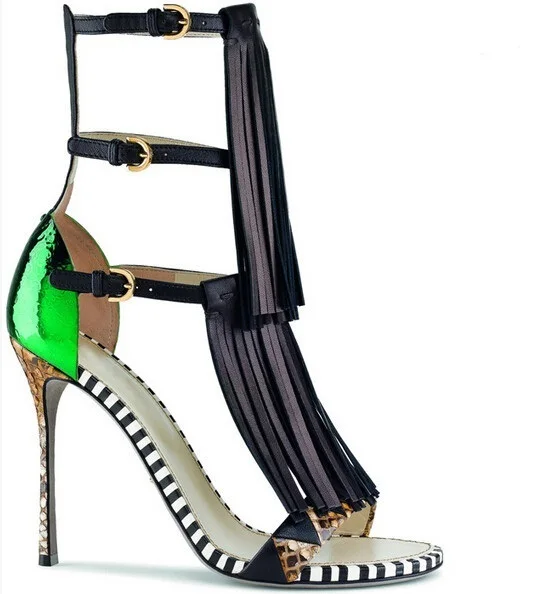 

Newest Women Mixed Colors Snakeskin Buckle Strap Gladiator Sandals Fashion Fringe Decoration Cover Heel High Thin Heel Pump