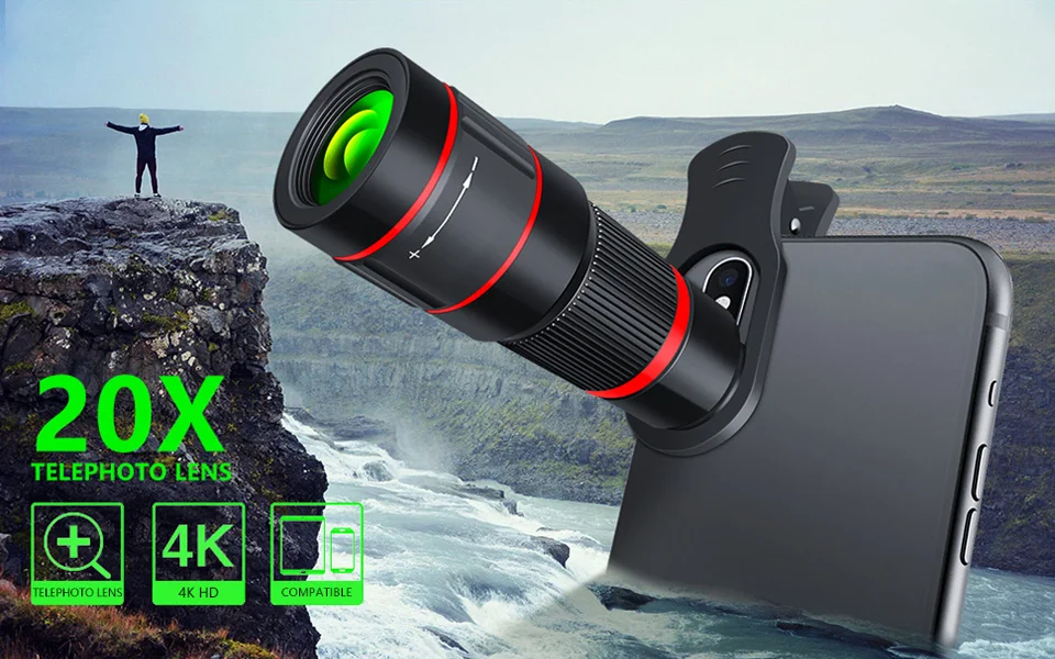 20X зум телеобъектив 4K HD монокуляр телескоп Телефон объектив камеры для iPhone Xs XR samsung универсальный зажим телефон объектив камеры