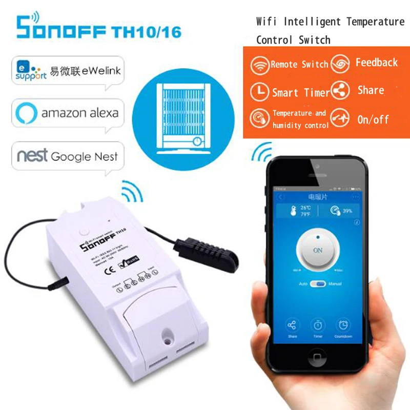 Интеллектуальный выключатель света Sonoff TH10 TH16 Беспроводной термостат переключатель Wi-Fi Температура и влажности монитор Управление, 10/16A модуль термостат для инкубатора