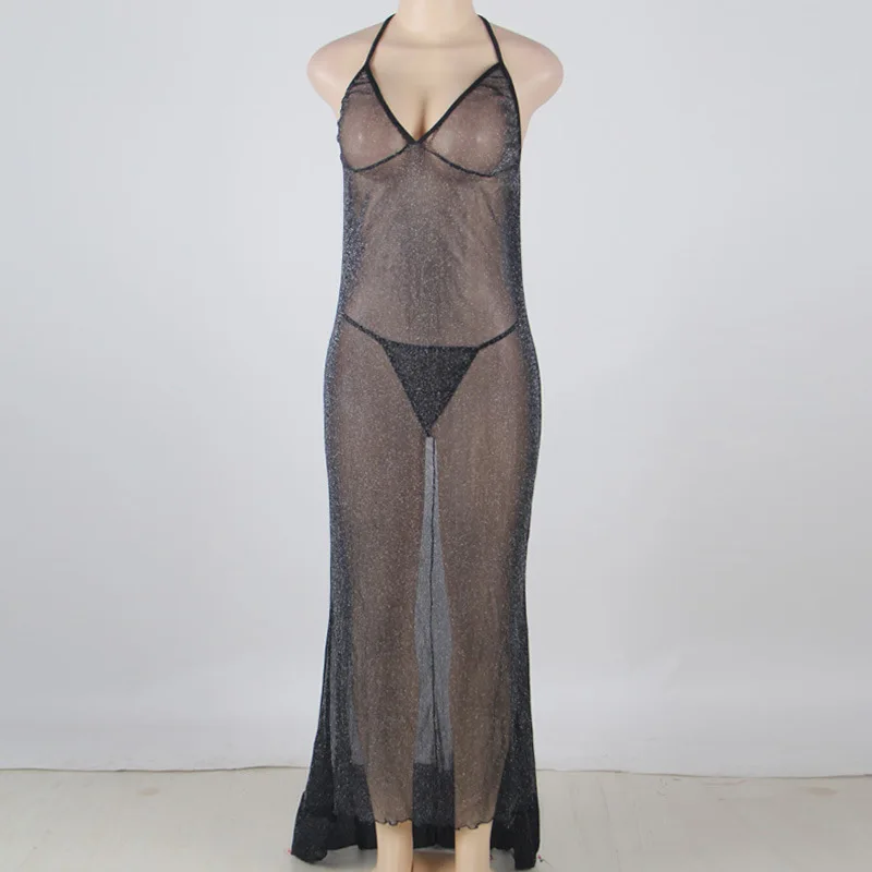 Сексуальное длинное платье Ночная рубашка прозрачное с глубоким v образным