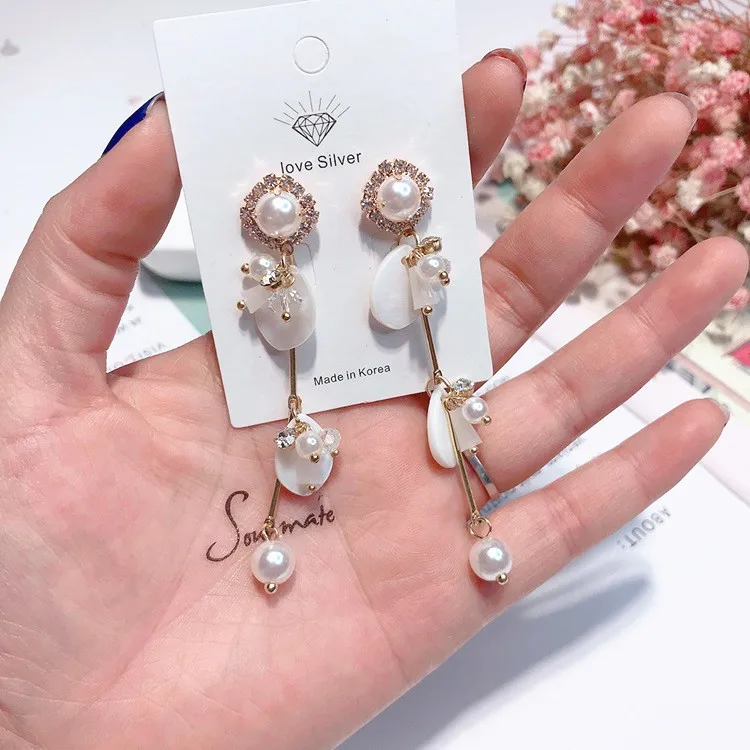 MENGJIQIAO элегантный кристалл горного хрусталя кулон длинные Pendientes Mujer Moda мода имитация жемчуга темперамент серьги - Окраска металла: C pearl shell