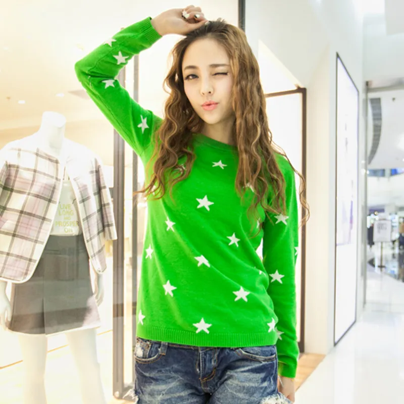 Women Cashmere Wool Long Sleeve Sweaters JECH Spring Star Big O-neck Pullovers Jumpers Knitted Oversize Sweater Female | Женская одежда