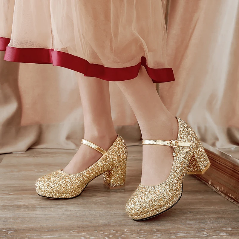 

WETKISS High Heels Pumps Woman Round Toe Footwear Mary Jane Bling Shoes Female Wedding Platform Sequined Cloth Shoes Woman 2019