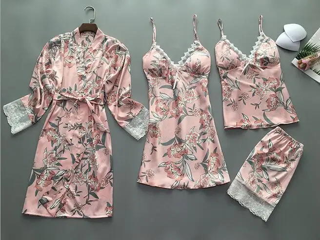 pink C Женский сексуальный халат, комплект из 5 предметов, ночное белье с принтом из вискозы, кружевное нижнее белье, комплект, Халат+ ночная рубашка+ топ-комбинация+ штаны для женщин - Цвет: pink C