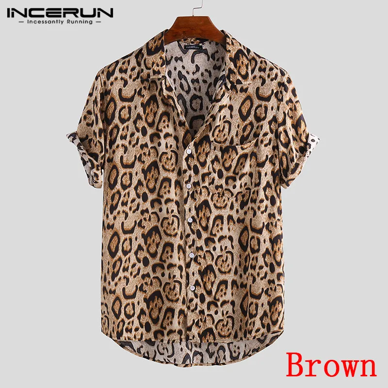 Brown Shirt Летняя мужская рубашка с леопардовым принтом, дышащая Свободная блуза с короткими рукавами на пуговицах, уличная пляжная Гавайские рубашки для мужчин, INCERUN 3XL - Цвет: Brown Shirt