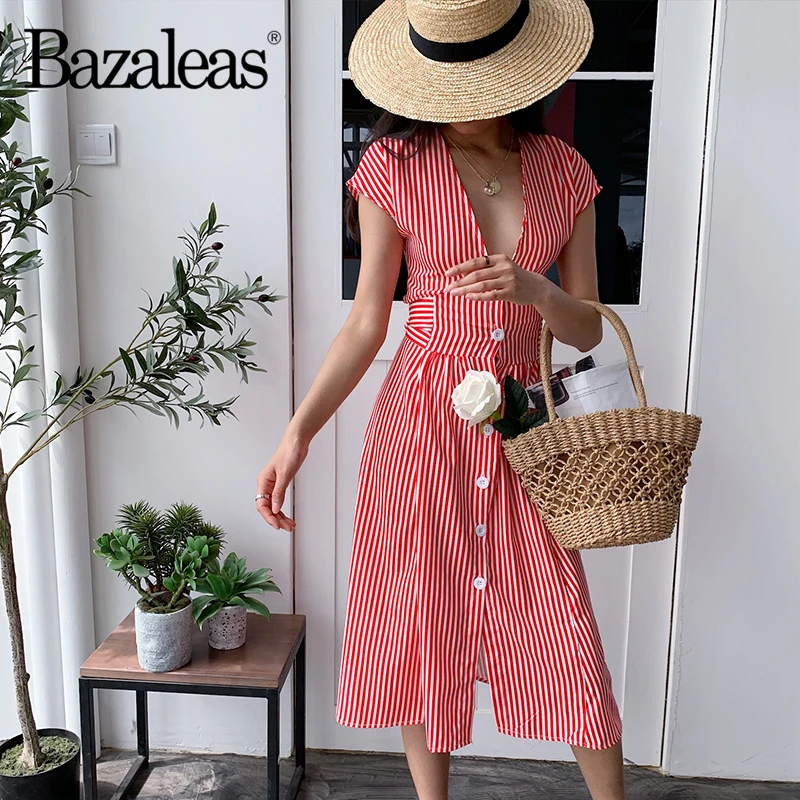 2019 красная полоса печати летнее платье V шеи центральные значки vestidos обратно