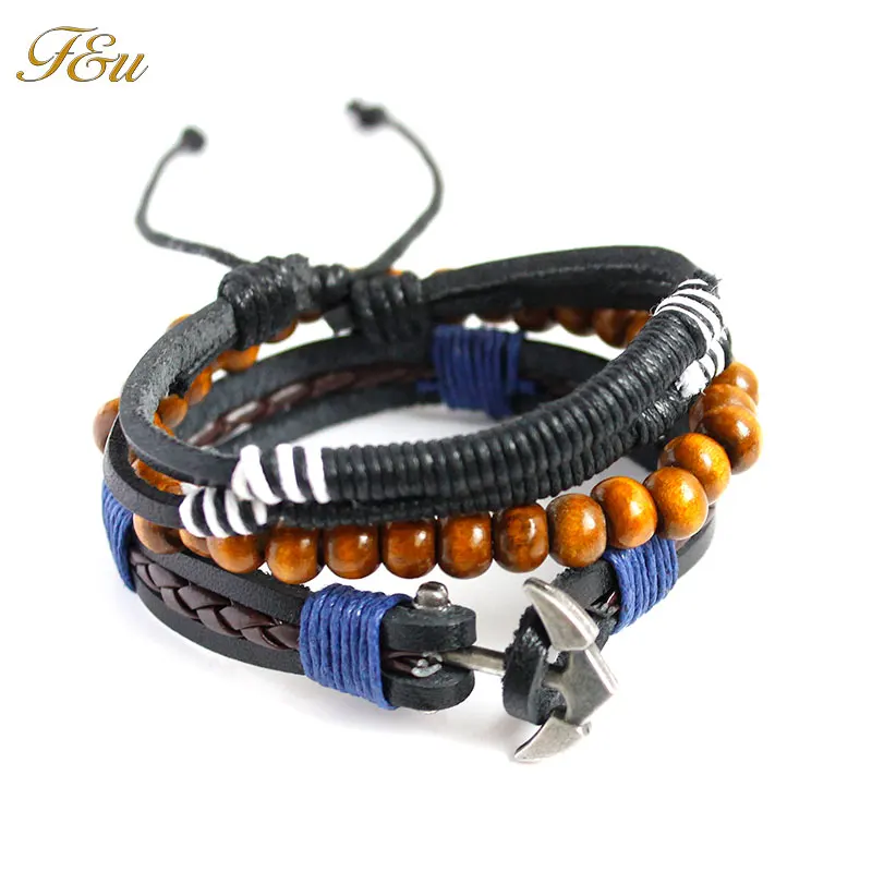 Многослойный кожаный браслет F &amp U регулируемый размер для мужчин украшенный