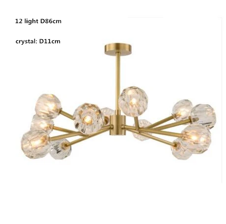 12 light D86cm Американский пост современный RH Лофт Led G9 люстра гостиная медная светодиодная люстра освещение фойе хрустальные абажуры подвесной светильник - Цвет абажура: 12 light D86cm