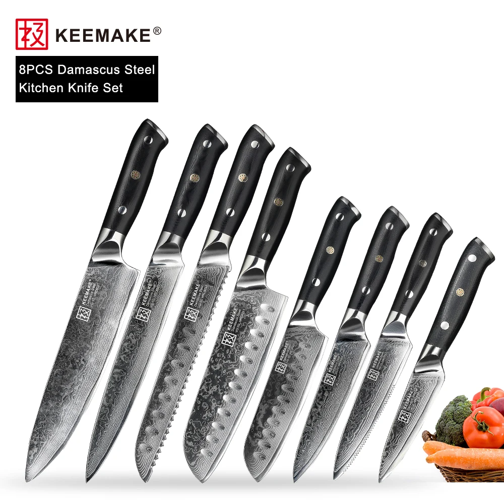 

KEEMAKE 8PCS Kitchen Knife Set Chef Utility Santoku Steak Knives Damascus VG10 Steel Core Sharp Blade G10 Handle Cutting Tools