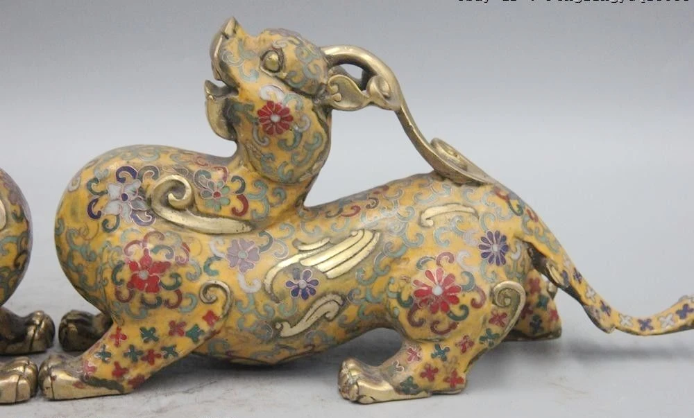 Китайская королевская Бронза Медь cloisonne эмаль Foo собака статуэтка единорога