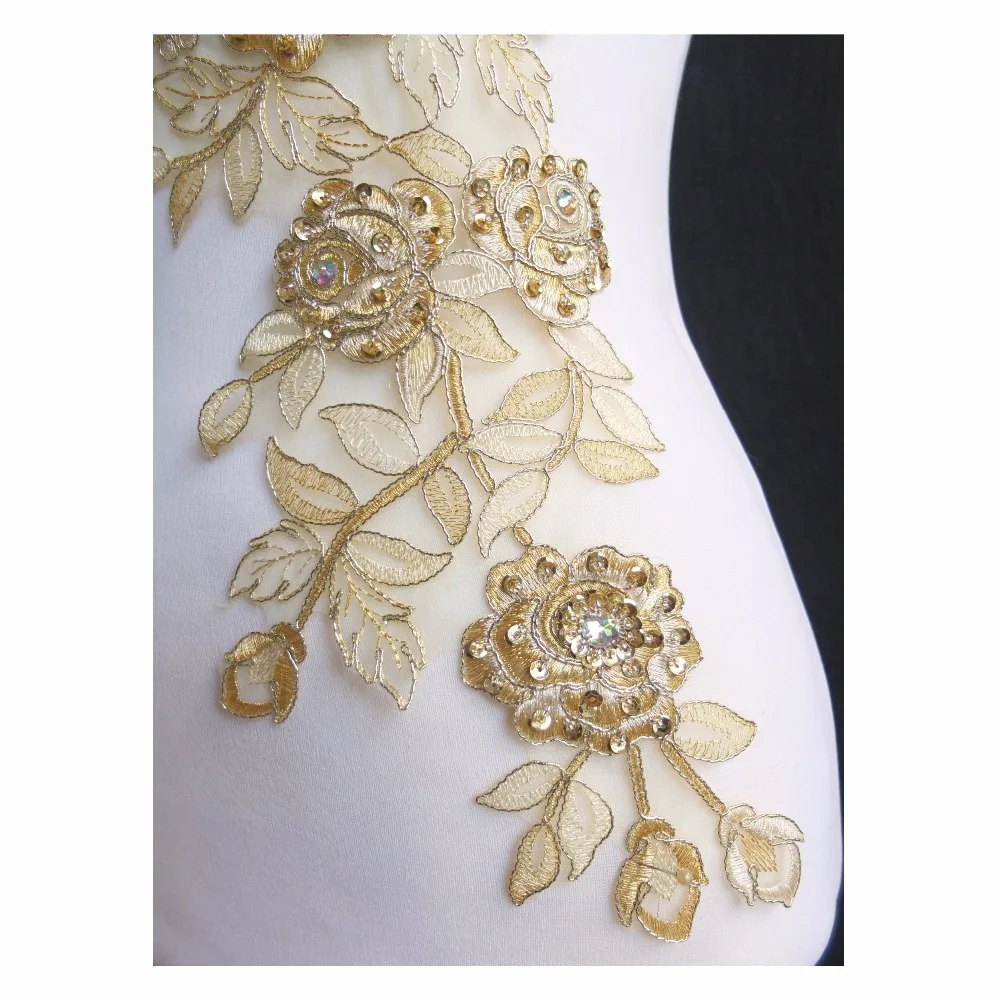 Free Shipping 5pcs/lot x New 3D Handmade Gold/Cream Beaded Sequin Flower Embroidery Organza Lace Applique Patches Collar BNC135E | Дом и сад